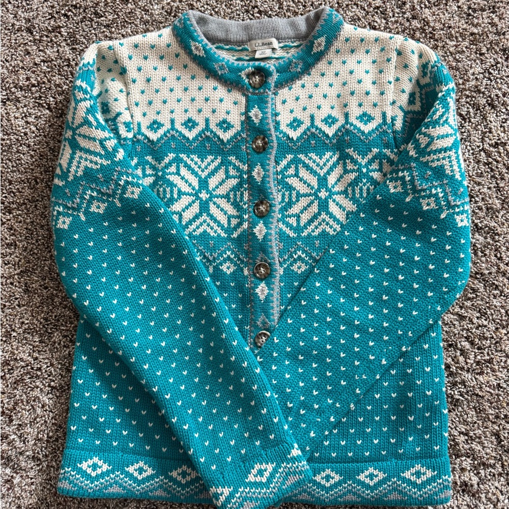 L.L. Bean Teal and Cream Knit Cardigan